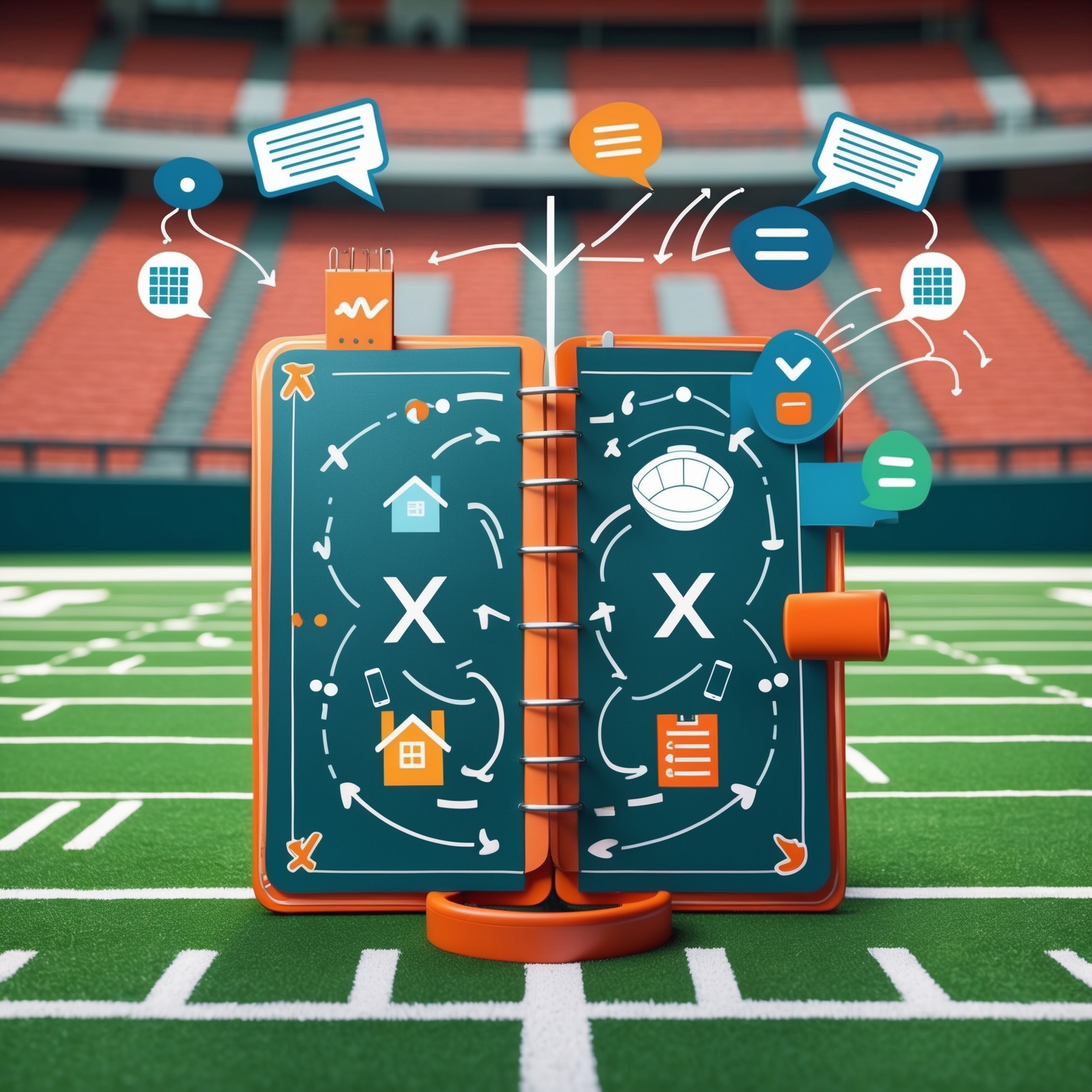 Real estate-themed football playbook on a field, with icons of houses, checklists, and communication tools representing strategic planning