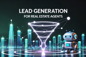 Futuristic digital illustration of a lead funnel with a smiling robot, used to represent lead generation for real estate agents.