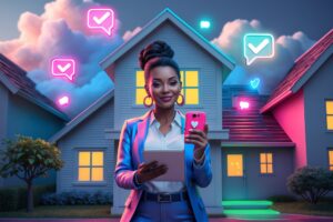 Real estate agent standing in front of a modern home with glowing checkmark and message icons, holding a phone and tablet, vibrant and futuristic setting