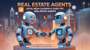 Two cartoon robots shaking hands with home icons on their chests, surrounded by real estate and social media graphics in a futuristic city backdrop.